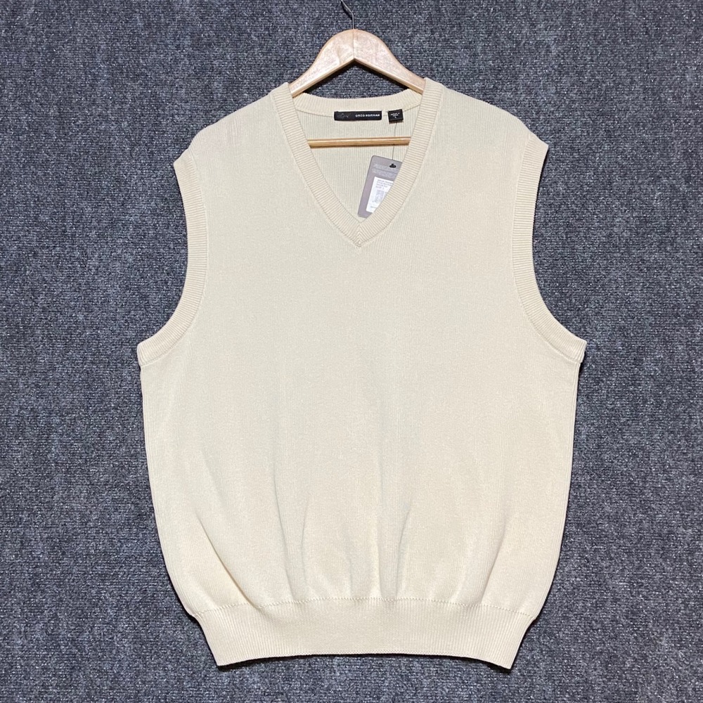 Greg Norman Mens V-Neck Sweater Vest Cream Cotton Golf Knit GNF7V802 Large NWT